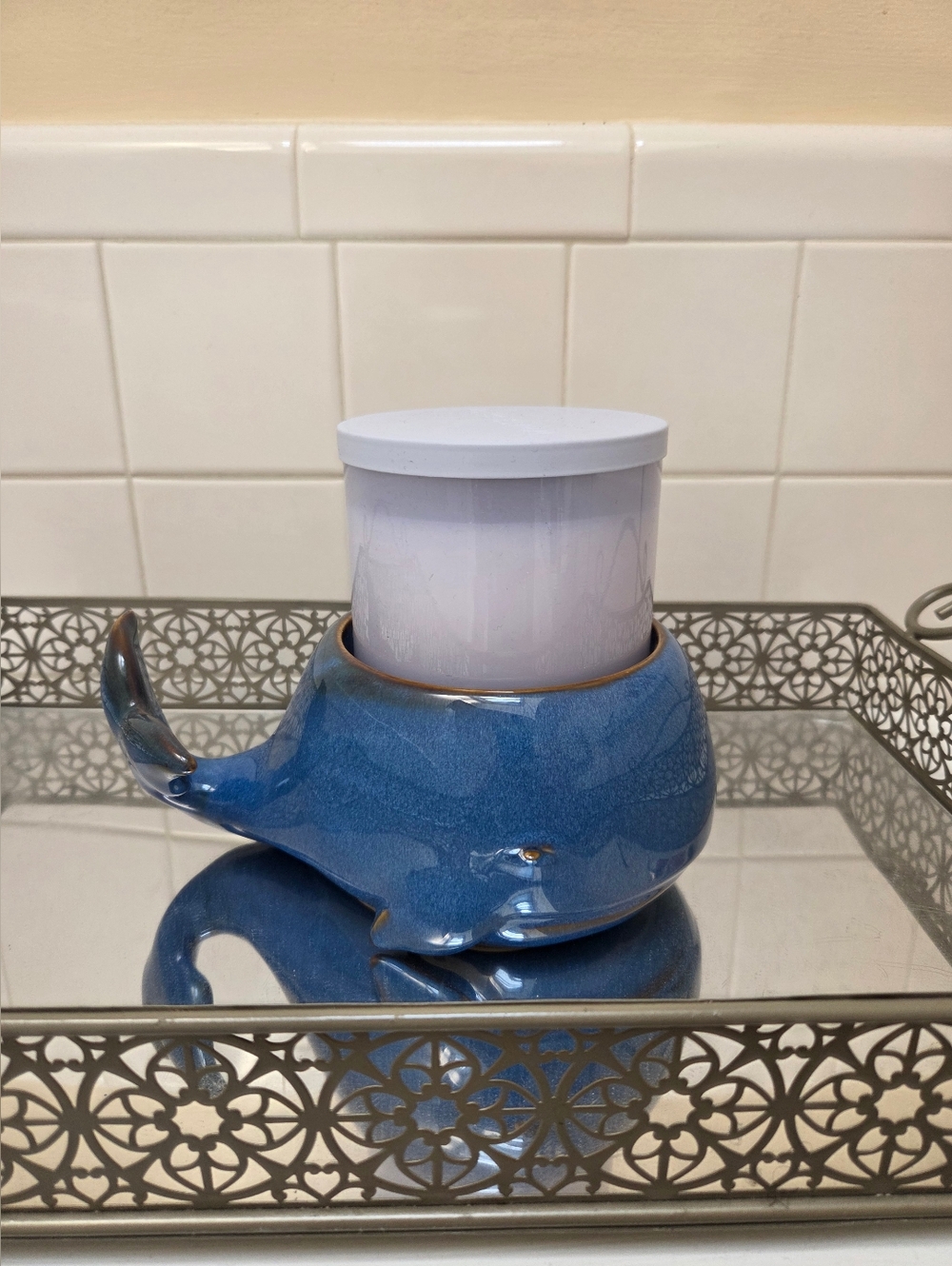 Bath And Body Works Blue Ceramic Whale 3 Wick Candle Holder
